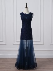 Navy Blue Lace Up Scoop Lace and Appliques Mother of the Bride Dress Tulle Sleeveless