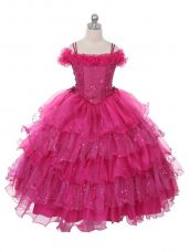 Ball Gowns Kids Pageant Dress Fuchsia Off The Shoulder Organza Sleeveless Floor Length Lace Up