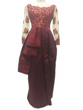 Burgundy Zipper Scalloped Lace and Appliques Mother Dresses Taffeta Long Sleeves