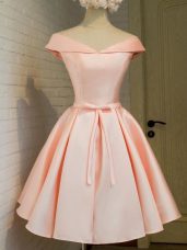 Excellent Belt Bridesmaid Dress Peach Lace Up Cap Sleeves Knee Length