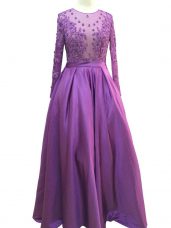 Captivating Purple Empire Scoop Long Sleeves Taffeta Floor Length Zipper Beading and Lace and Appliques Prom Evening Gown