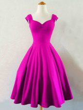 Classical Sleeveless Knee Length Ruching Lace Up Quinceanera Dama Dress with Fuchsia