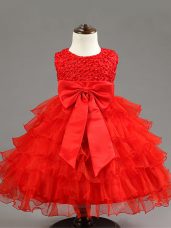 Custom Made Scoop Sleeveless Kids Formal Wear Knee Length Ruffled Layers and Bowknot Red Organza