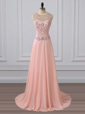 Peach Dress for Prom Prom and Military Ball and Sweet 16 with Beading Scoop Sleeveless Brush Train Side Zipper