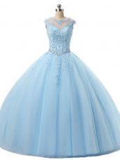 Comfortable Light Blue Lace Up Scoop Beading and Lace Quince Ball Gowns Tulle Sleeveless