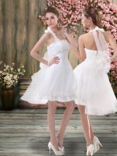 Simple White Backless Halter Top Ruching Wedding Dress Chiffon Sleeveless