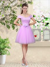 Cap Sleeves Knee Length Lace and Belt Lace Up Damas Dress with Lilac