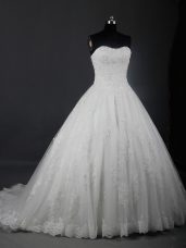 Excellent Tulle Strapless Sleeveless Brush Train Lace Up Beading and Lace Wedding Gown in White