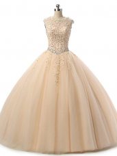 Elegant Champagne Scoop Neckline Beading and Lace Quince Ball Gowns Sleeveless Lace Up