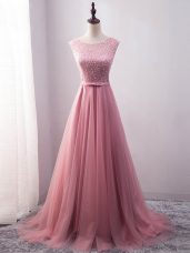 Pink Empire Beading and Belt Evening Dress Lace Up Tulle Sleeveless