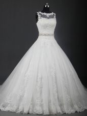 Dazzling Brush Train Ball Gowns Wedding Gown White Scoop Tulle Sleeveless Lace Up