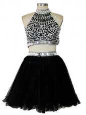 Best Black Two Pieces Tulle Halter Top Sleeveless Beading Mini Length Criss Cross Homecoming Dress