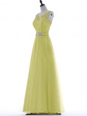 Tulle Sleeveless Floor Length Juniors Evening Dress and Beading and Lace and Appliques