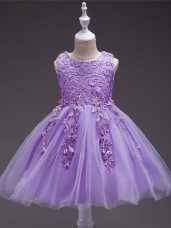 Lavender Ball Gowns Tulle Scoop Sleeveless Appliques Knee Length Zipper Child Pageant Dress