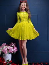 Scalloped 3 4 Length Sleeve Lace Up Wedding Party Dress Yellow Chiffon
