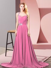 Romantic Pink Zipper Halter Top Beading and Ruching Juniors Evening Dress Chiffon Sleeveless Brush Train
