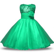 Flare Sleeveless Organza and Sequined Knee Length Zipper Flower Girl Dresses in Turquoise with Belt and Hand Made Flower