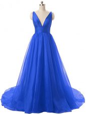 Ruching Winning Pageant Gowns Royal Blue Backless Sleeveless Brush Train