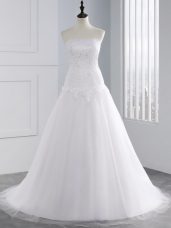 Hot Sale Strapless Sleeveless Brush Train Lace Up Wedding Gown White Tulle