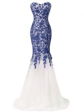 Blue And White Lace Up Sweetheart Lace and Appliques Evening Party Dresses Tulle Sleeveless Brush Train