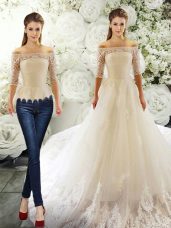 Smart White Tulle Clasp Handle Off The Shoulder Half Sleeves Bridal Gown Court Train Lace