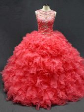 Elegant Coral Red Scoop Lace Up Beading and Ruffles Quinceanera Dresses Sleeveless