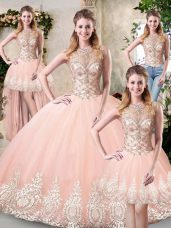 Admirable Peach Sleeveless Tulle Backless Vestidos de Quinceanera for Prom and Military Ball and Sweet 16 and Quinceanera