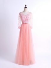 Customized Pink Lace Up Bridesmaid Gown Lace Half Sleeves Floor Length