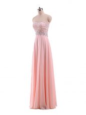 Strapless Sleeveless Prom Gown Floor Length Beading Pink Chiffon