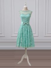 Shining Apple Green Damas Dress Prom and Party and Wedding Party with Lace and Bowknot Scoop Sleeveless Lace Up