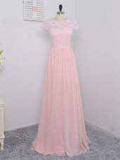Baby Pink Zipper Court Dresses for Sweet 16 Lace Short Sleeves Floor Length
