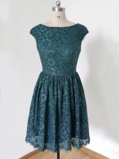 Modern Knee Length Empire Cap Sleeves Teal Quinceanera Court Dresses Lace Up