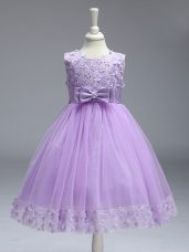 Excellent Lavender Zipper Kids Formal Wear Lace and Bowknot Sleeveless Knee Length