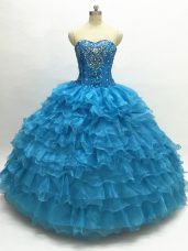 Teal Sleeveless Floor Length Beading and Ruffles Lace Up 15th Birthday Dress