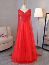 V-neck Sleeveless Prom Gown Floor Length Lace and Belt Red Tulle
