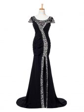 Shining Black Elastic Woven Satin Zipper Scoop Cap Sleeves Prom Evening Gown Brush Train Beading and Ruching