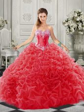 Court Train Ball Gowns Quinceanera Dresses Red Sweetheart Organza Sleeveless Lace Up
