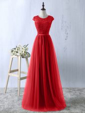 High Quality Red Scoop Neckline Lace Prom Gown Short Sleeves Zipper