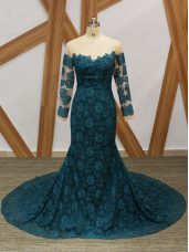 High Quality Teal Scoop Zipper Lace Mother of Bride Dresses Long Sleeves