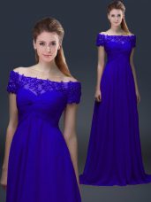 Custom Made Short Sleeves Chiffon Knee Length Lace Up Mother of Bride Dresses in Blue with Appliques