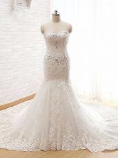 White Bridal Gown Beach and Wedding Party with Beading and Lace and Appliques Sweetheart Sleeveless Court Train Lace Up