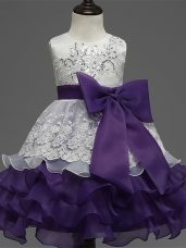 Stylish White And Purple Scoop Zipper Lace and Ruffled Layers and Bowknot Little Girls Pageant Gowns Sleeveless