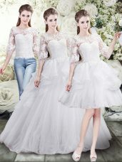 Spectacular White Lace Up Scoop Lace and Ruffles Wedding Gown Tulle Half Sleeves Brush Train