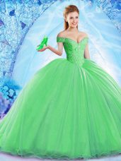 Ball Gowns Sleeveless Green Ball Gown Prom Dress Brush Train Lace Up