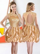New Arrival Knee Length Backless Quinceanera Court of Honor Dress Champagne for Prom and Party with Beading and Lace and Ruffles