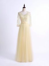 Graceful Light Yellow Half Sleeves Floor Length Lace Lace Up Wedding Guest Dresses