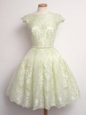 Eye-catching Light Yellow Scalloped Lace Up Lace Bridesmaid Dress Cap Sleeves