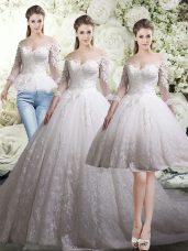 Free and Easy Chapel Train Three Pieces Wedding Dress White Off The Shoulder Tulle 3 4 Length Sleeve Zipper