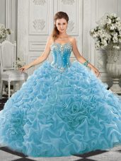 Chic Organza Sweetheart Sleeveless Court Train Lace Up Beading and Ruffles Ball Gown Prom Dress in Aqua Blue