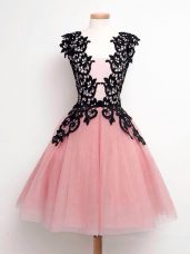 High Quality A-line Wedding Party Dress Pink Straps Tulle Sleeveless Knee Length Lace Up